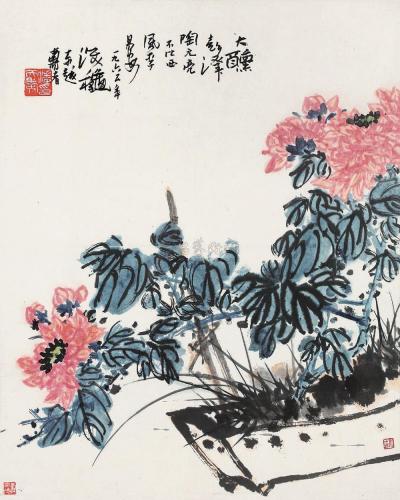 潘天寿 1965年作 红菊熏风图 镜框
