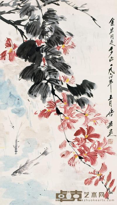 唐云 1974年作 花荫游鱼 立轴 65×37cm