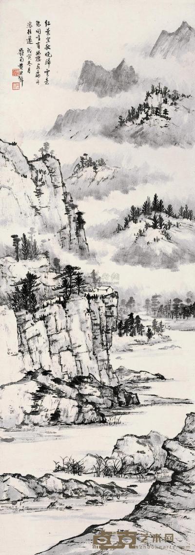 黄君璧 1938年作 秋山云起 立轴 91×32cm