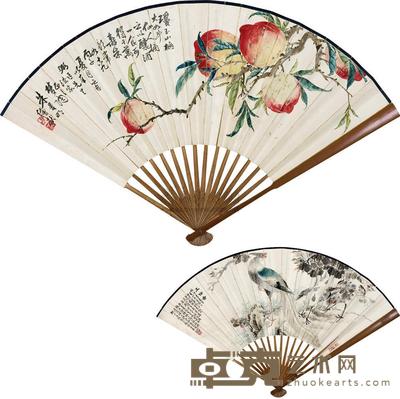 朱曼明 张弼臣 1936年作 山桃·花鸟 成扇