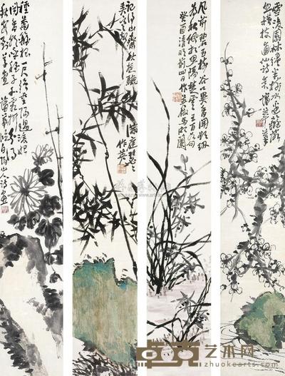 蒲华 花卉 四屏 103×18cm×4