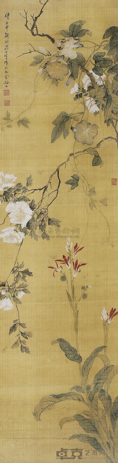 汤世澍 1872年作 百花迎秋 立轴 128×34cm