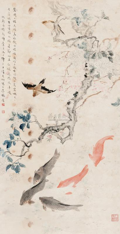 王师子 黄莺游鱼 立轴