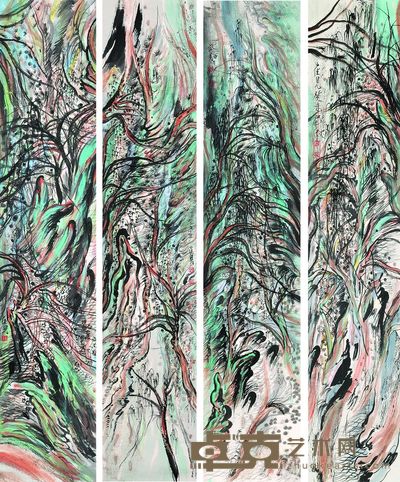 崔见 山水 四屏 127×26cm×4