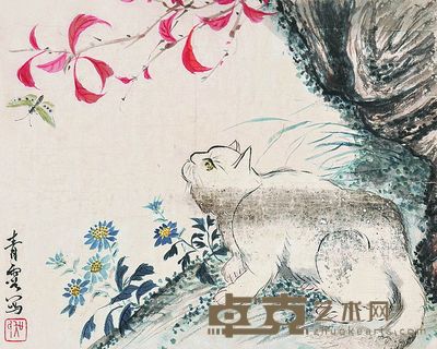 吴青霞 猫蝶富贵 镜框 28×22cm