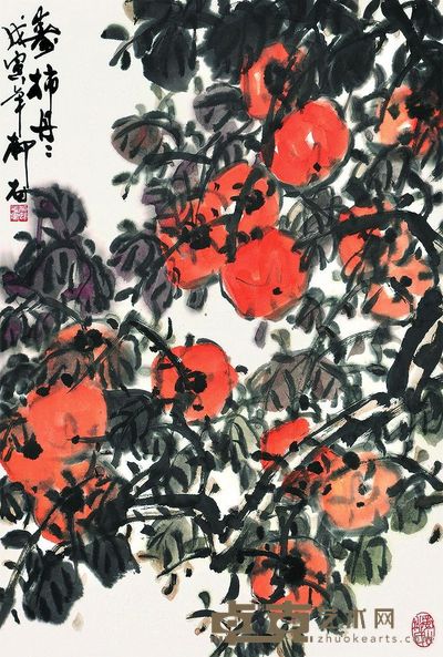 柳邨 柿子 镜片 45×68cm