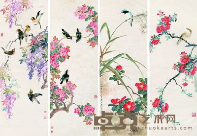 江寒汀 蒋凤白 花鸟 四屏 30×84cm×4