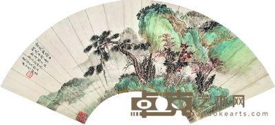 祁崑 山水 扇面镜框 34×72cm