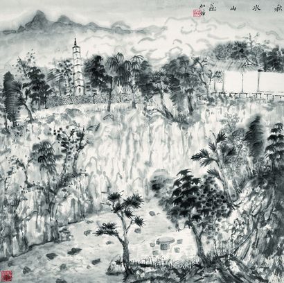 何加林 秋水山庄 立轴