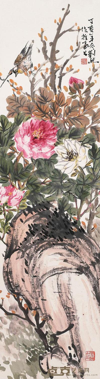 刘熊 丁亥（1947）年作 禽憩牡丹 屏轴 143×38cm