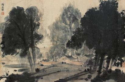 傅抱石 江村雨景 镜心