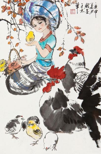王西京 庚申(1980年)作 饲鸡图