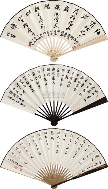 欧阳中石 刘艺 孙轶青 2005年、2006年、2005年作 行书杜牧诗句 行书白居易钱塘湖春行诗句 行书李白诗 成扇
