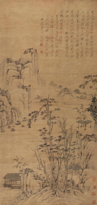 倪瓒 （款） 细水茅亭图 立轴