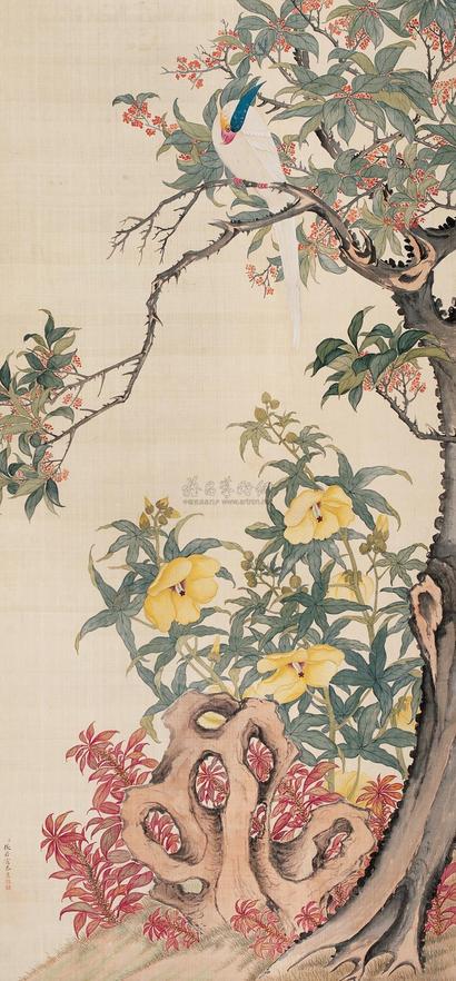 张若霭 花间鹦鹉 立轴