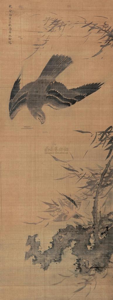 沈铨 （款） 丙寅（1746年）作 苍鹰攫雀图 立轴