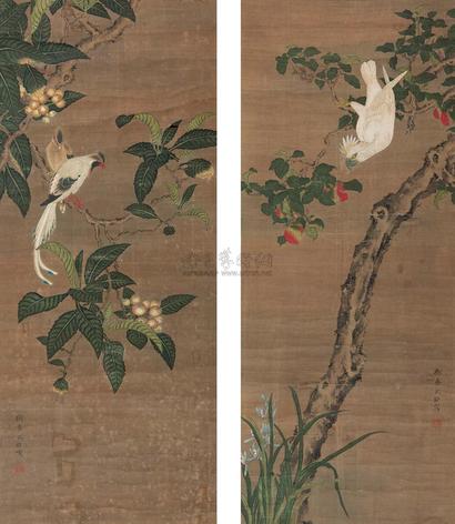 沈铨 （款） 枇杷载胜 荔枝鹦鹉 对屏