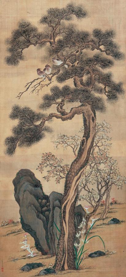张若霭 春萱松寿 立轴