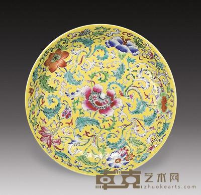 清 黄地粉彩花卉盘 直径18.3cm