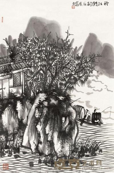 何加林 秋江闲钓 镜心 69×46cm