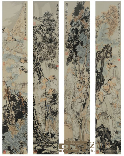 吴元奎 人物四条屏 138×24×4