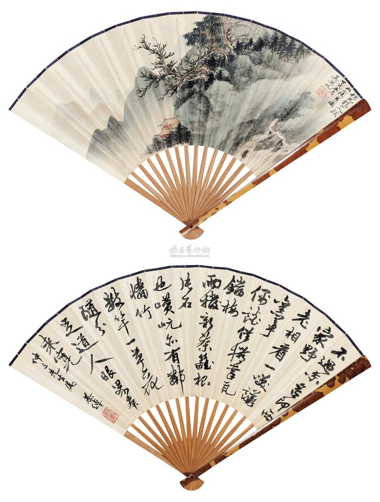 吴湖帆 叶恭绰 1947年作 溪山兰庄图·书法 成扇