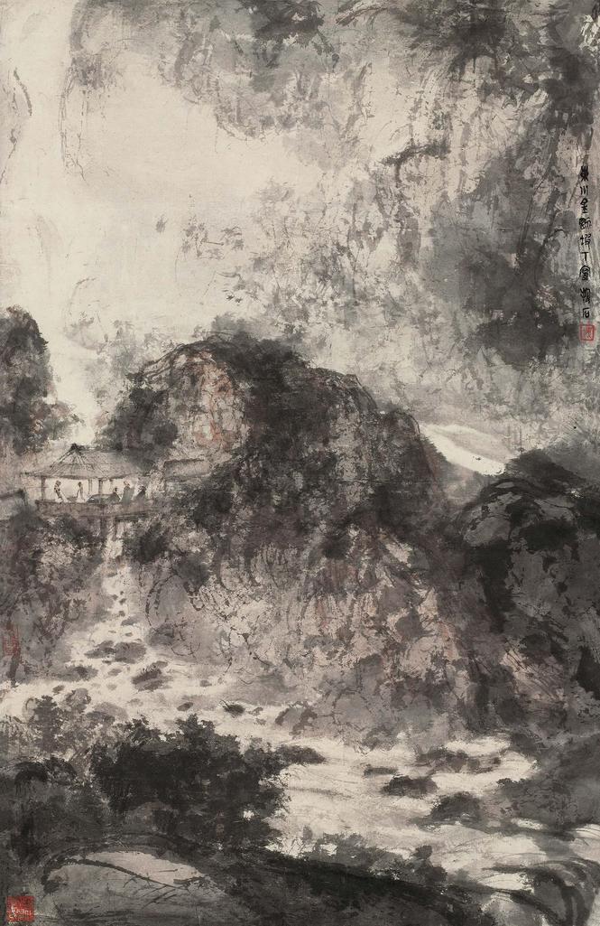 傅抱石 1945年作 山间论道 立轴