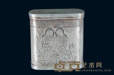 清末双美图诗文白铜烟膏盒 高3.9cm