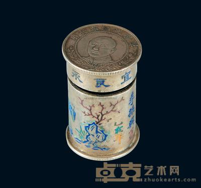 民国镶嵌唐继尧银币银烧兰点翠烟膏盒 高4.7cm