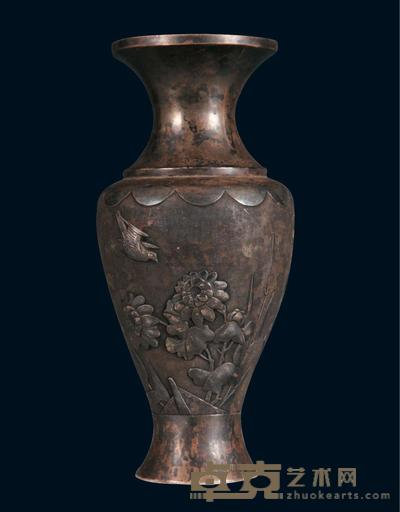 清末民初老凤祥款飞鸟花卉图案银赏瓶 高22cm