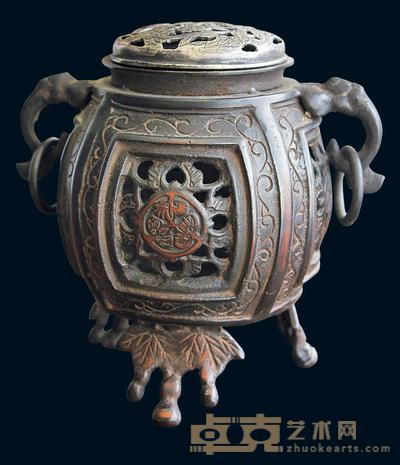 清“大明宣德”款双凤牡丹镂空银盖铜香熏 高12.5cm