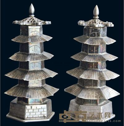 清末银錾工宝塔造型调料罐摆件 (1对) 径4cm