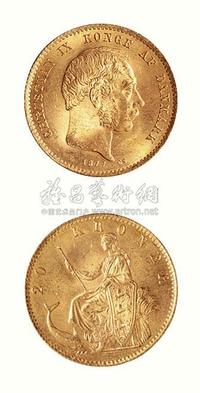 1877年丹麦20克郎金币一枚