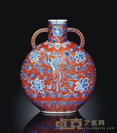 19世纪 AN UNDERGLAZE BLUE AND IRON-RED-DECORATED‘ PHOENIX’ MOONFLASK 高30cm