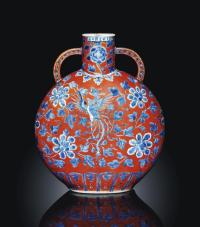 19世纪 AN UNDERGLAZE BLUE AND IRON-RED-DECORATED‘ PHOENIX’ MOONFLASK