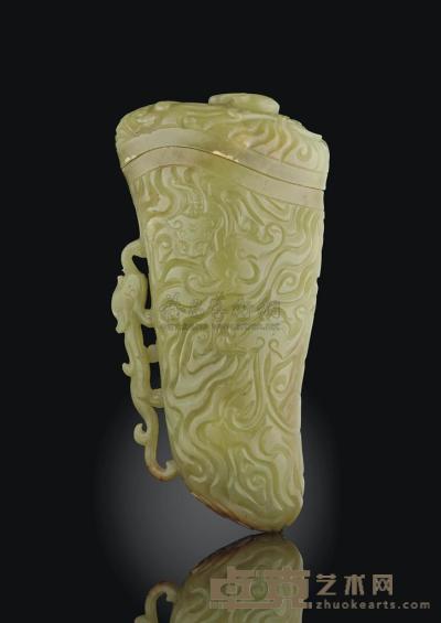 A CARVED YELLOWISH-GREEN JADE RHYTON AND COVER 