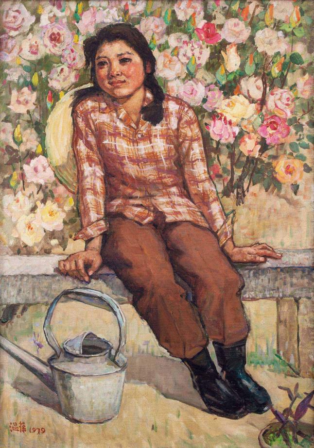 温葆 1979年作 养花姑娘组画之一