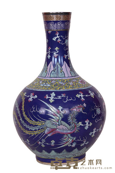 清 蓝釉粉彩龙凤纹赏瓶（包银口） 高：36.5cm