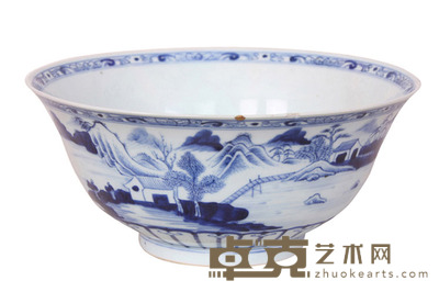 清 青花山水人物纹大碗 径:22CM