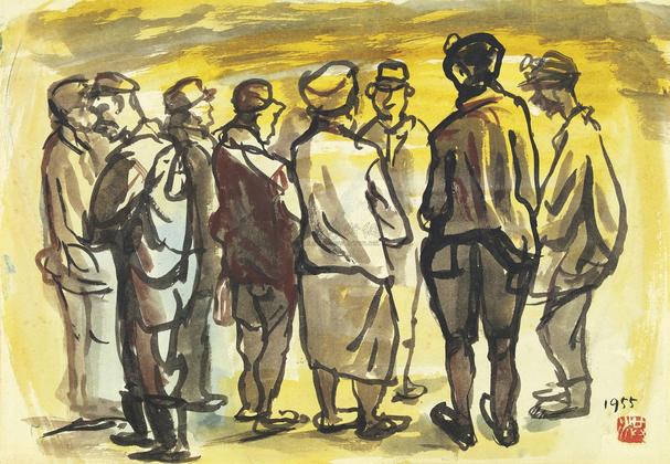 洪瑞麟 1955年作 MINERS STANDING IN CIRCLE DATED ‘1955’（LOWER RIGHT）