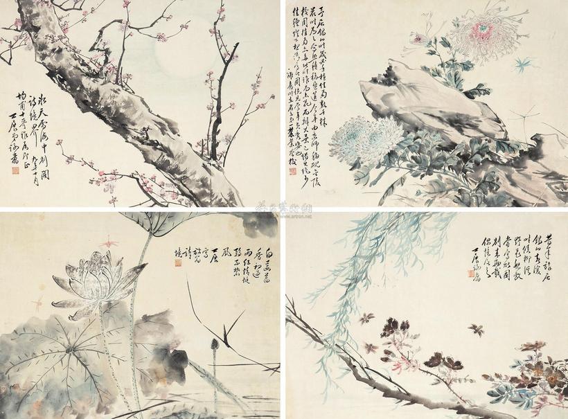 谢公展 1920年作 花卉 四屏