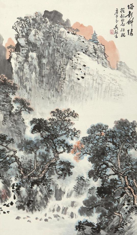 吴养木 庚申（1980年）作 塔影斜阳 立轴