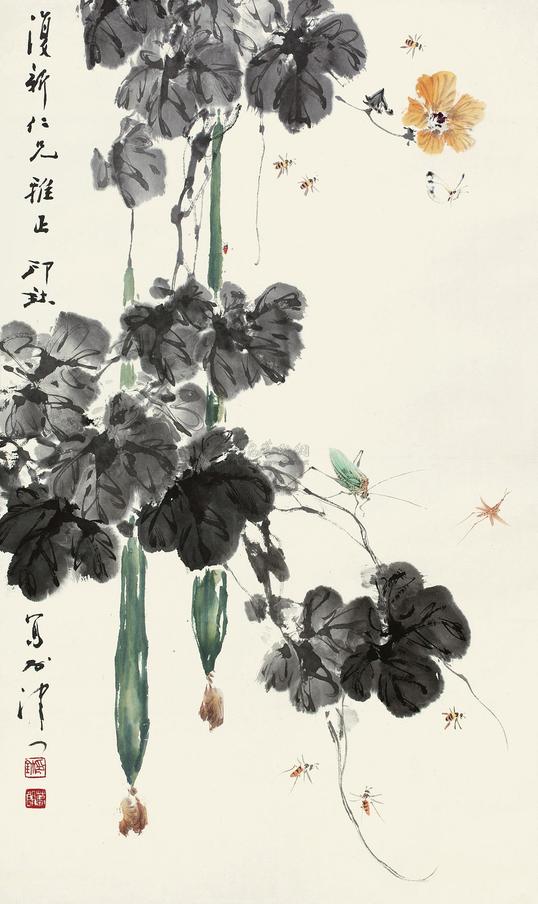 萧朗 草虫花卉 立轴