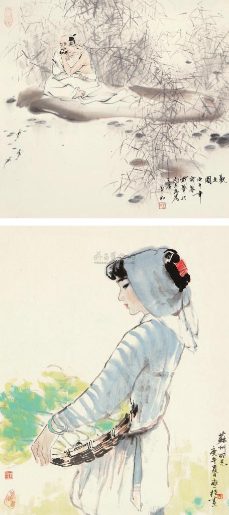 萧和 单应桂 庚午（1990年）作 观鱼图 苏州所见 镜心