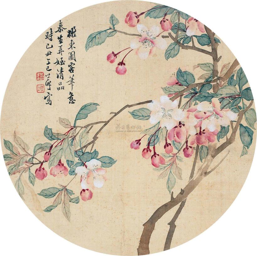 汤世澍 1889年作 桃花 团扇镜框