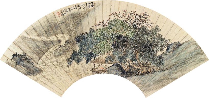 吴榖祥 1882年作 深丛观瀑 扇片