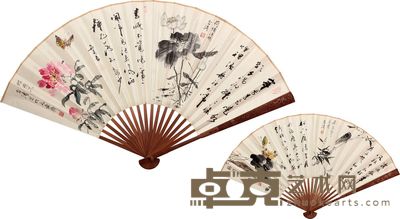 王雪涛 花卉书法成扇 18×48