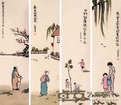 丰子恺 人物四屏立轴 66×18×4