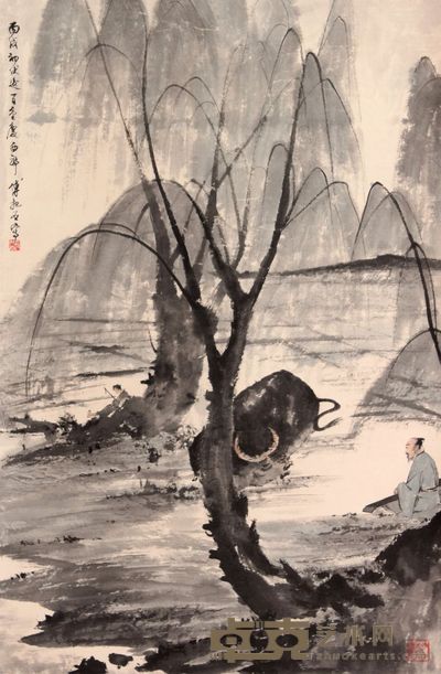 傅抱石 对牛弹琴图立轴 70×45