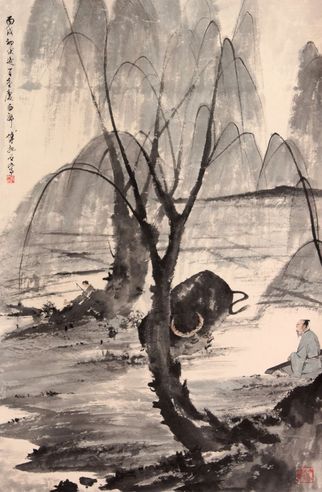 傅抱石 对牛弹琴图立轴